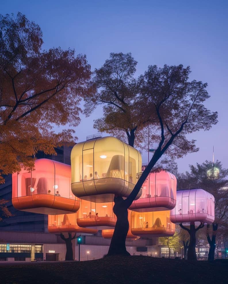 Viviendas en los árboles de Julian Mollema, MidJourney, treehouses